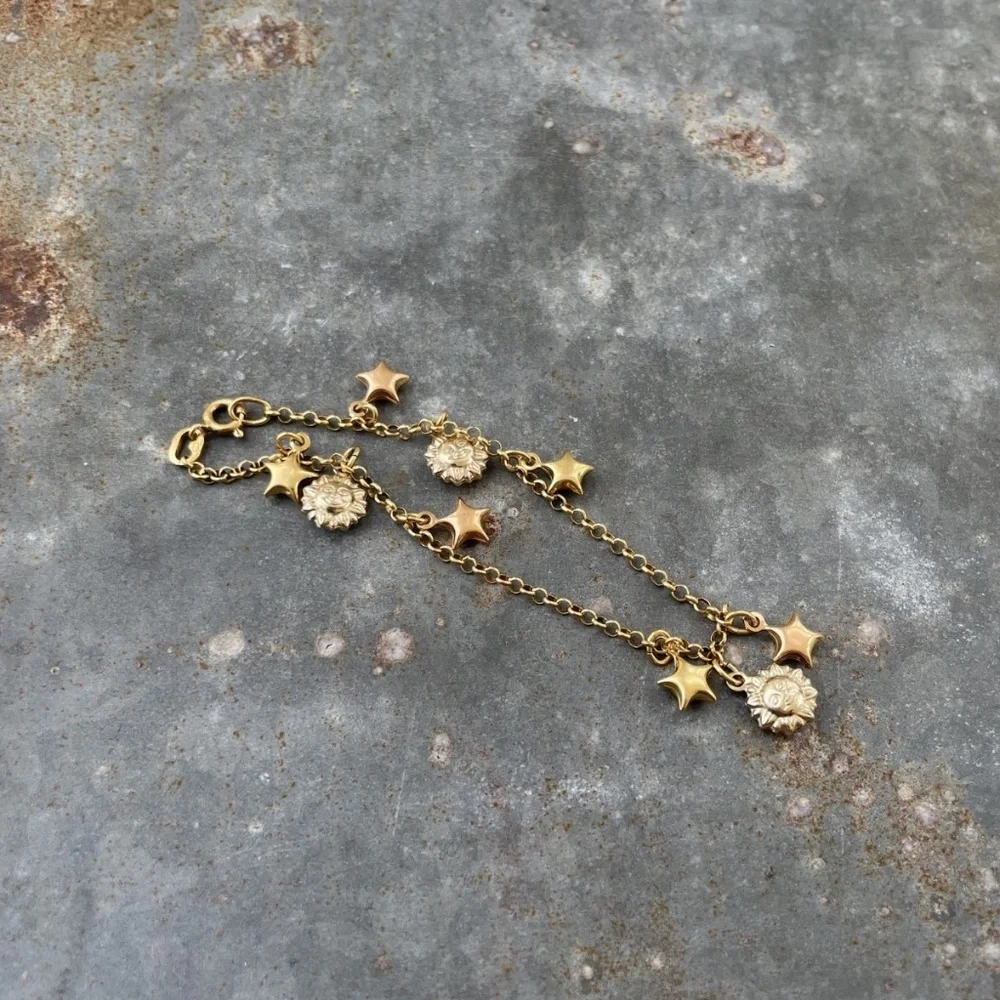 Vintage 18k Yellow Gold Celestial Charm Bracelet Sun Star 6.73g Italy